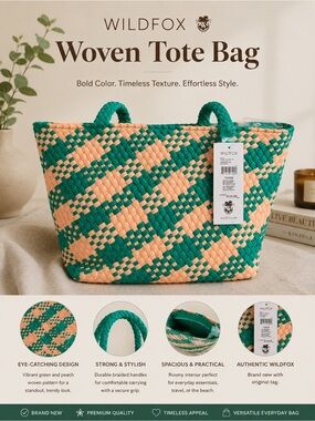 Wildfox Woven Neoprene Tote Bag | NWT | Green & Peach | MSRP $125✨✨